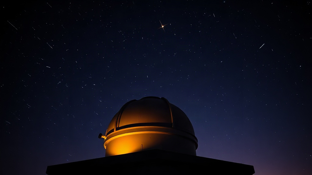 Observatory dome under a star field with amber telescope light